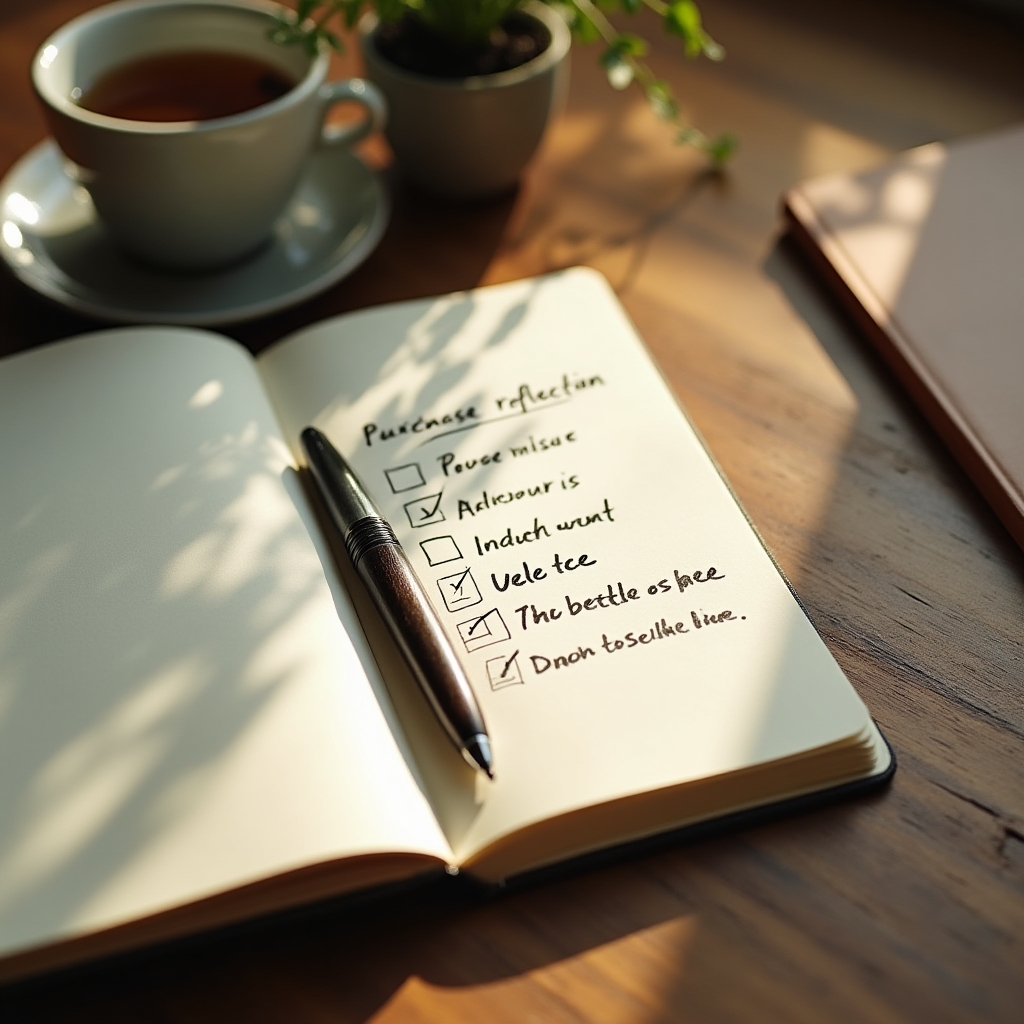 Notizbuch mit handschriftlicher Checkliste für den Impuls-Check auf einem Holztisch
